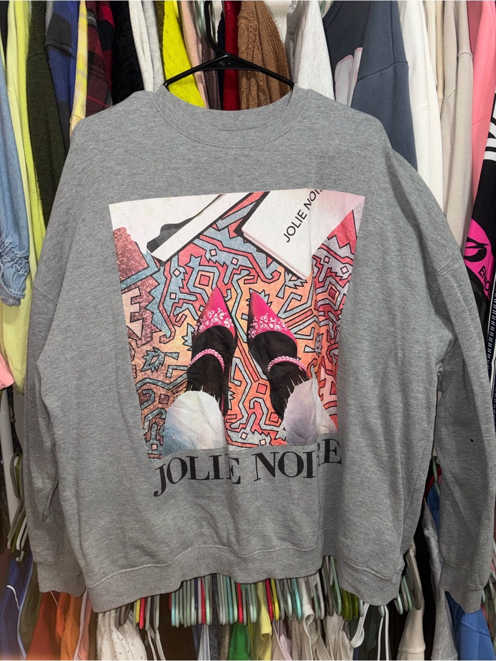 Jolie Noire Gray Graphic Pullover Sweatshirt with Pink Accents